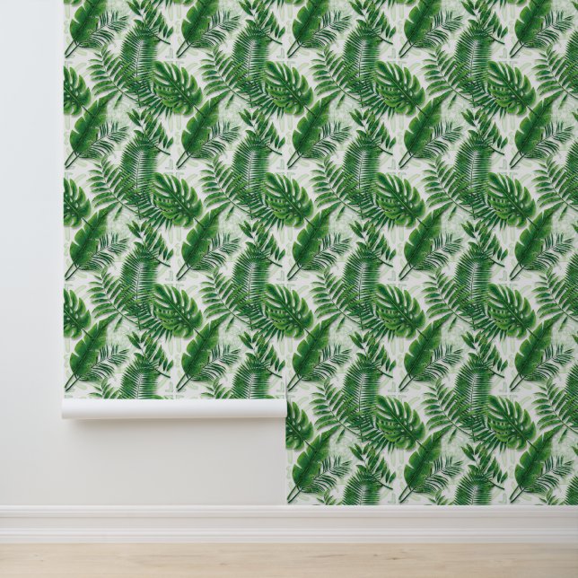 Papel Pintado Patrón de hojas tropicales verdes (Solicitud)