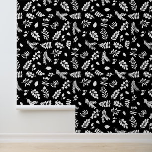 Papel Pintado Patrón de hojas y bayas - Negro   Blanco