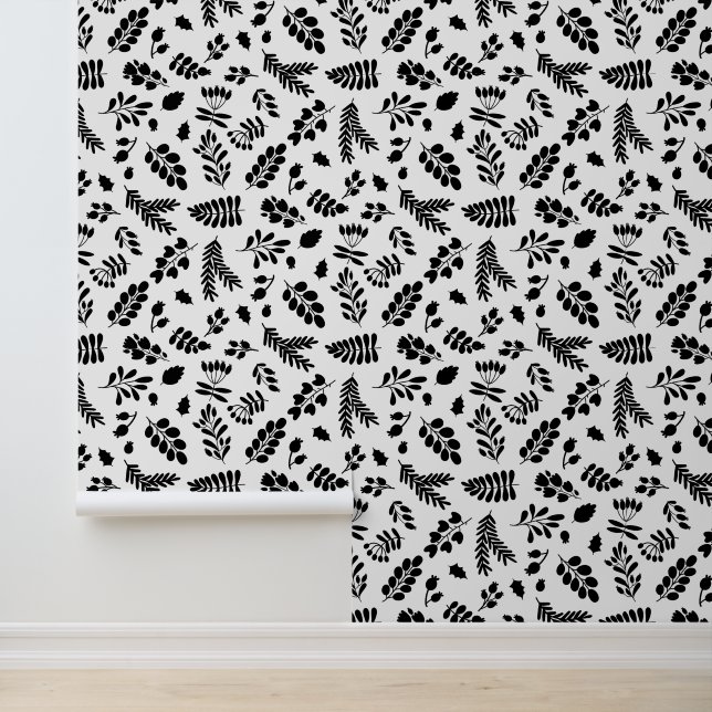 Papel Pintado Patrón de hojas y bayas - Negro | Blanco (Solicitud)