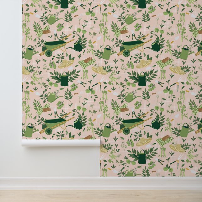 Papel Pintado Patrón de jardín rosa y verde (Solicitud)