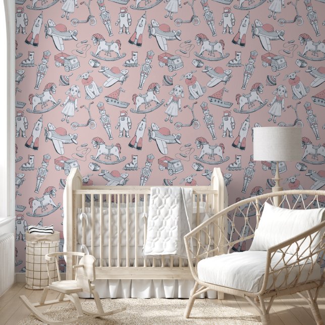 Papel Pintado Patrón de juguete de época rosa/gris ID783 (Niños)