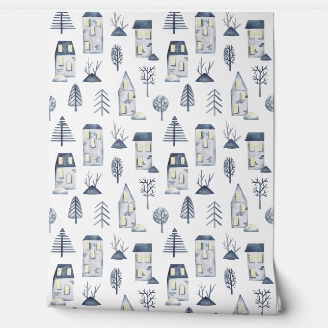 Papel Pintado Patrón de la casa de línea abstracta azul (Desenrollar)