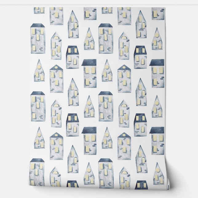 Papel Pintado Patrón de la casa de línea abstracta azul (Desenrollar)