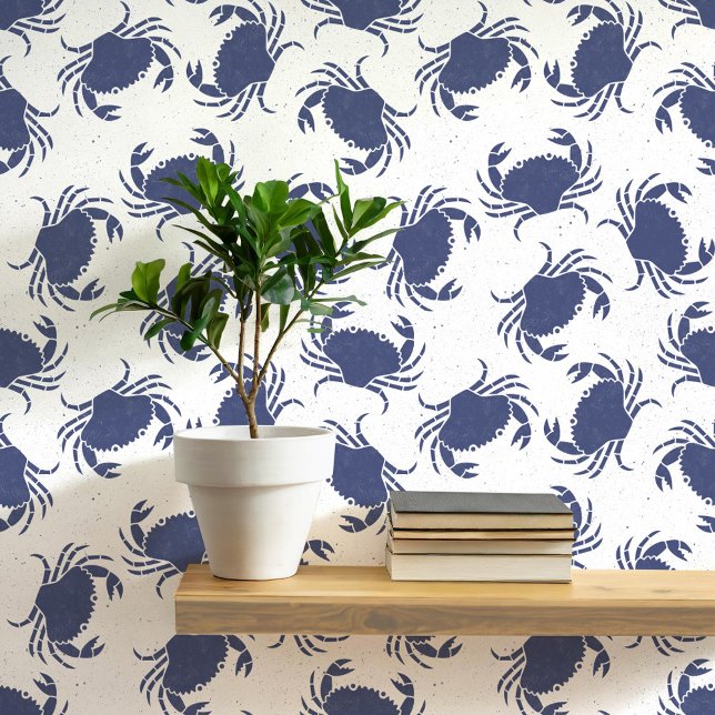 Papel Pintado Patrón de la costa azul y blanca del cangrejo (Crab navy blue and white coastal themed wallpaper)