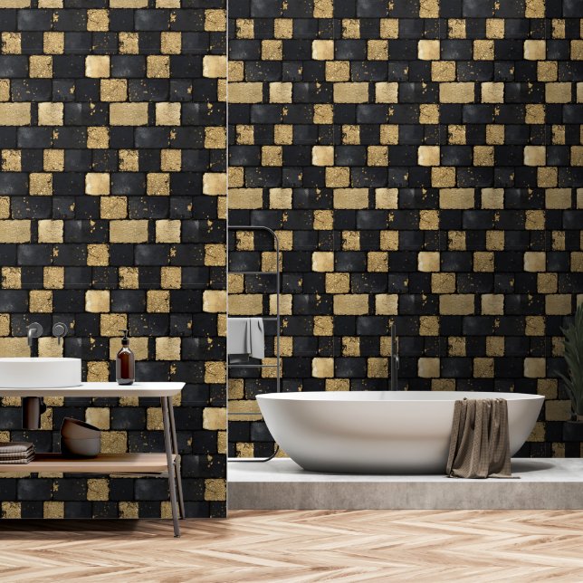 Papel Pintado Patrón de ladrillo negro y dorado (Baño)