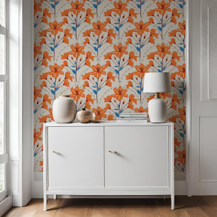 Papel Pintado Patrón de Lily Azul Naranja Floral Geométrica