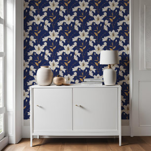 Papel Pintado Patrón de Lily Beige Azul de Flor Floral Geométric