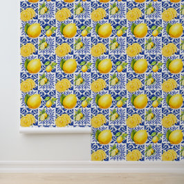 Papel Pintado Patrón de limón blanco azulado mediterráneo cítric