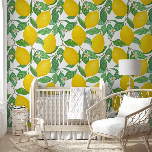 Papel Pintado Patrón de limón blanco verde amarillo (Niños)
