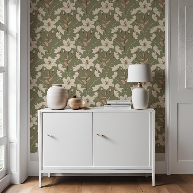 Papel Pintado Patrón de Lirio Beige Verde Geométrico Floral Sage (Subido por el creador)