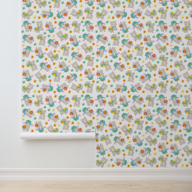 Papel Pintado Patrón De Llamas, Llamas Cutas, Alpacas, Flores (Solicitud)