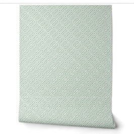 Papel Pintado Patrón de llave griega verde salvia y blanco