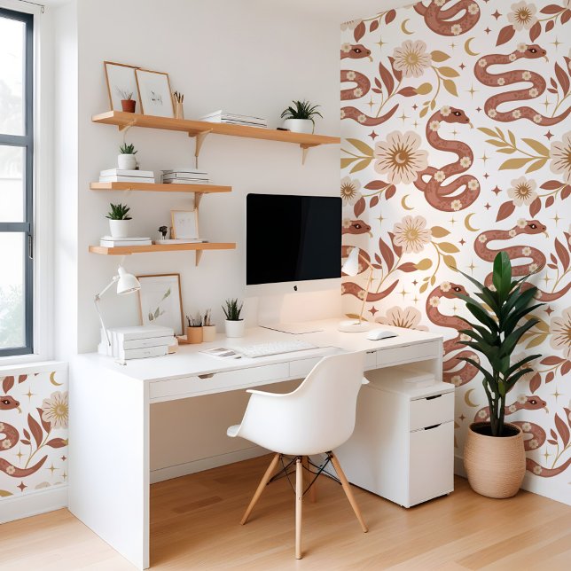 Papel Pintado Patrón de luna y sol de serpiente floral bohemio (Bohemian Floral Holistic Snake Sun & Moon Pattern Wallpaper)