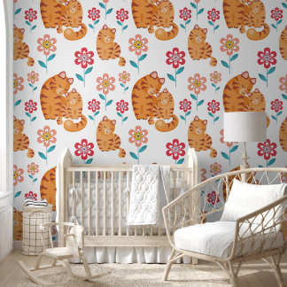 Papel Pintado Patrón de madre y flores de bebé del gato del tigr