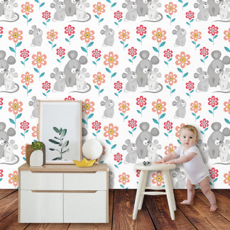 Papel Pintado Patrón de madres, bebés y flores del ratón