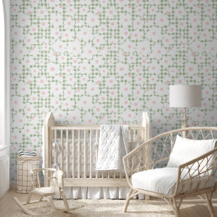 Papel Pintado Patrón de margarita blanca rosada en Sage Gingham