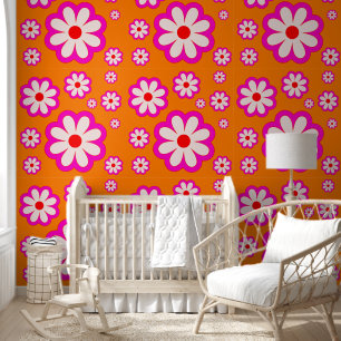 Papel Pintado Patrón de margarita bohemia, floral retro rosa y N