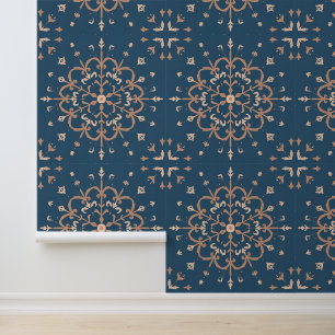 Papel Pintado Patrón de medallón Azul y Tan del Mediterráneo