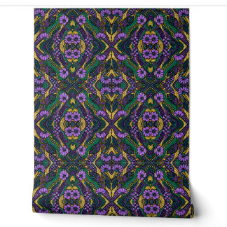 Papel Pintado Patrón de Medallón Floral Púrpura Real y Esmeralda