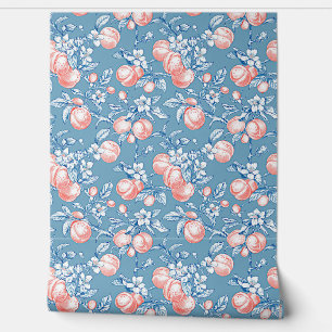 Papel Pintado Patrón de melocotón coral sobre fondo azul