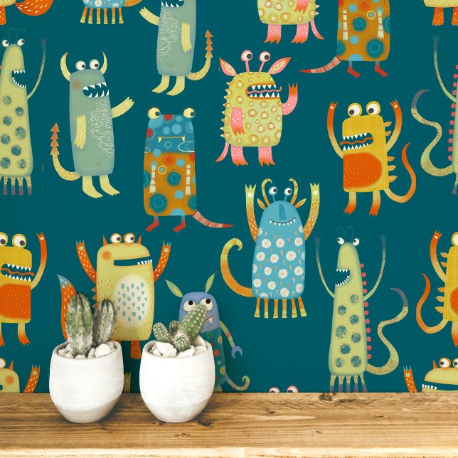 Papel Pintado Patrón de Monstruos Divertidos Verde Turquesa (Subido por el creador)