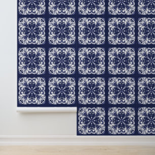 Papel Pintado Patrón de mosaico azul y blanco mediterráneo índig