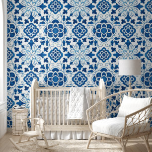 Papel Pintado Patrón de mosaico de azulejos azules portugueses v