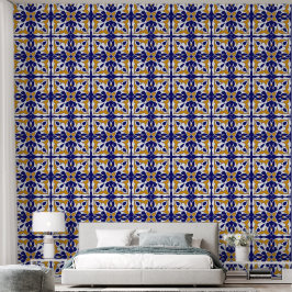 Papel Pintado Patrón de mosaico marroquí azul amarillo en forma 