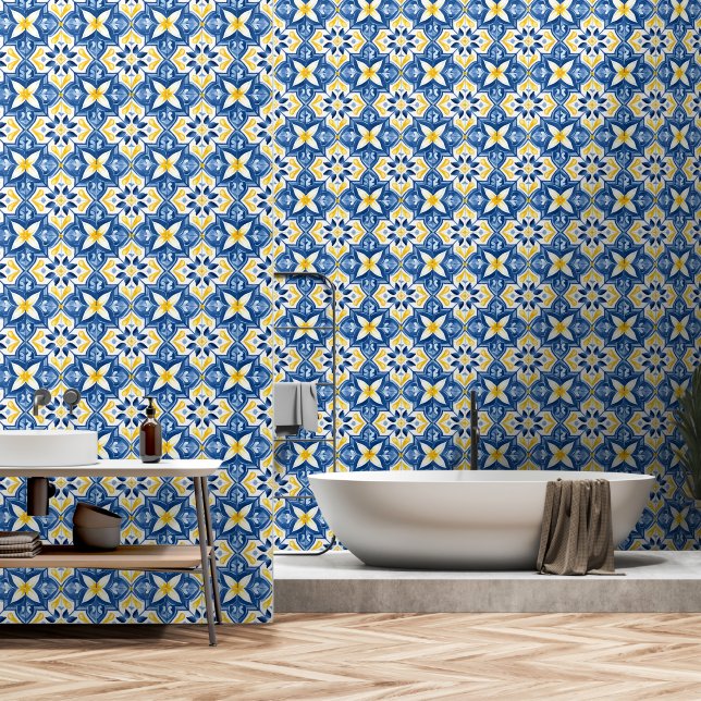 Papel Pintado Patrón de mosaico mediterráneo amarillo azul flora (Baño)
