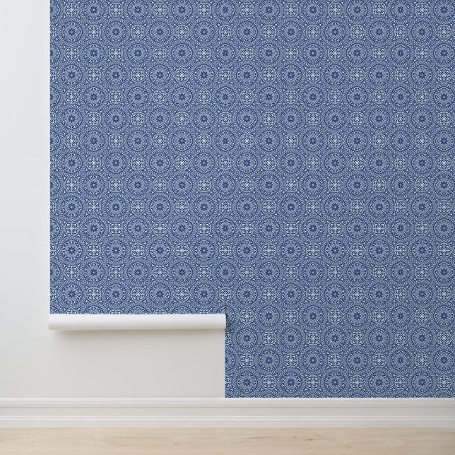 Papel Pintado Patrón de mosaico mediterráneo azul Costa de Amalf (Solicitud)