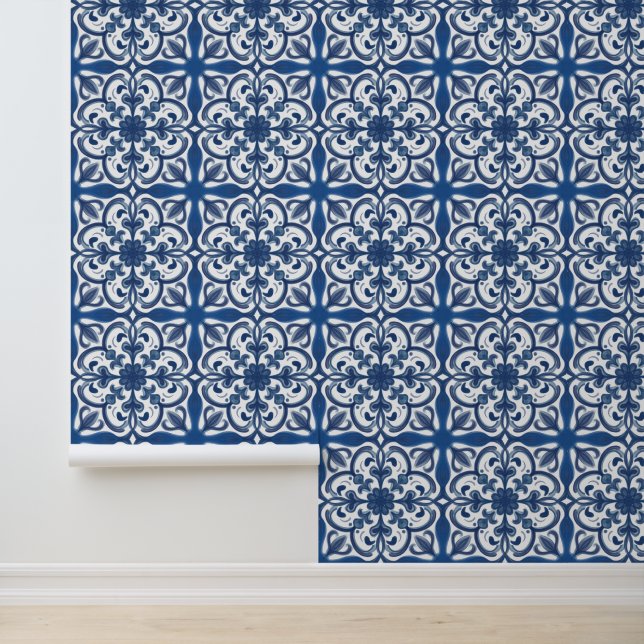 Papel Pintado Patrón de mosaico mediterráneo floral azul marino (Solicitud)