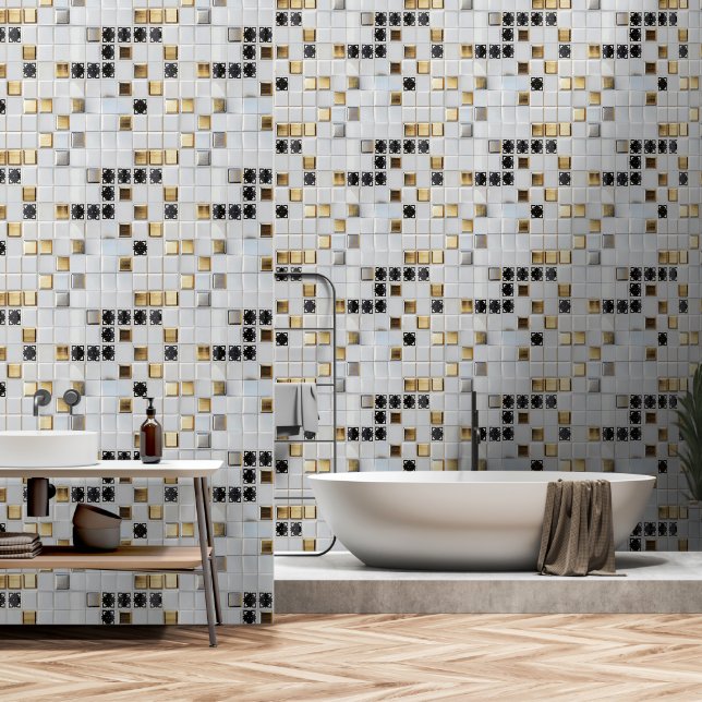 Papel Pintado Patrón de mosaico pequeño Gold Silver (Baño)