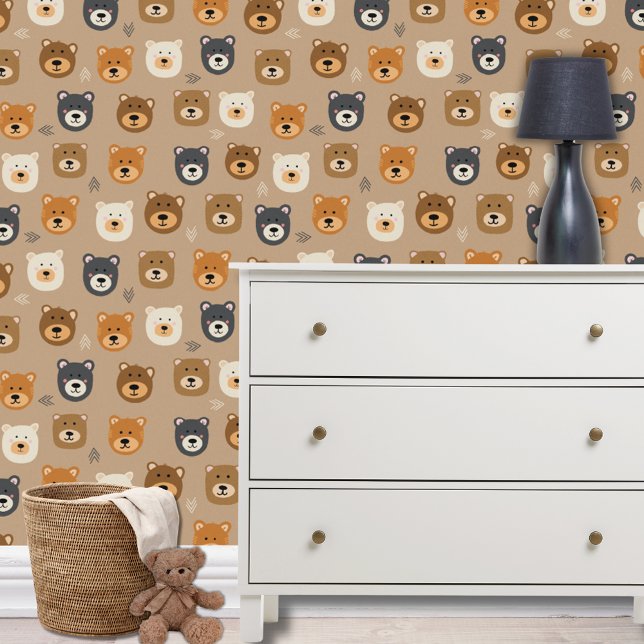 Papel Pintado Patrón de niños de cabeza de oso lindo (Cute woodland forest bear head kids wallpaper for boys bedroom, nursery or playroom.)
