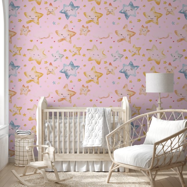 Papel Pintado Patrón de noche estrellado rosa claro (Niños)