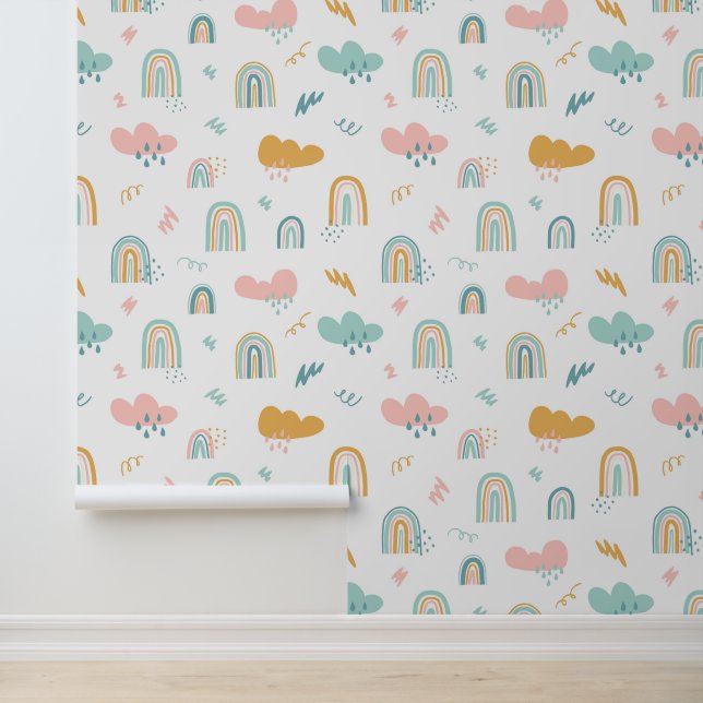 Papel Pintado Patrón de nubes de arcoiris y lluvias divertidas (Solicitud)