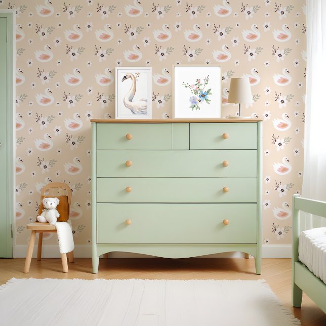 Papel Pintado Patrón de nurario de flor de cisnes blancos (Cute White Swans Floral Blossom Nursary Pattern Wallpaper)