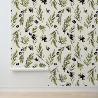 Papel Pintado Patrón de olivo country francés acuarela verde sal