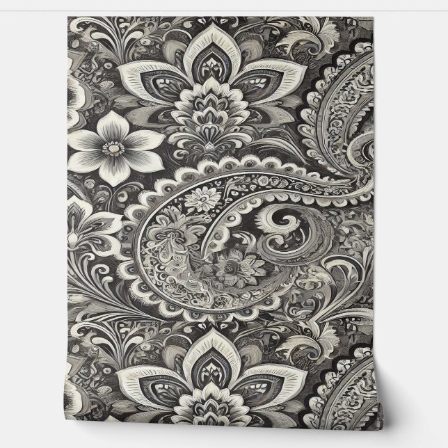 Papel Pintado Patrón de paisley floral negra y gris (Desenrollar)
