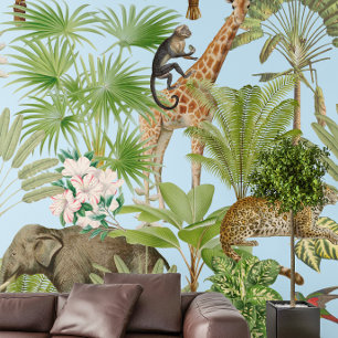 Papel Pintado Patrón de palmas de animales de safari tropical bo