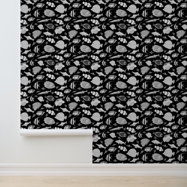 Papel Pintado Patrón de peces blanco y negro (Solicitud)