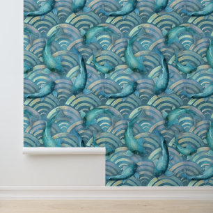 Papel Pintado Patrón de peces de Koi de carpa azul
