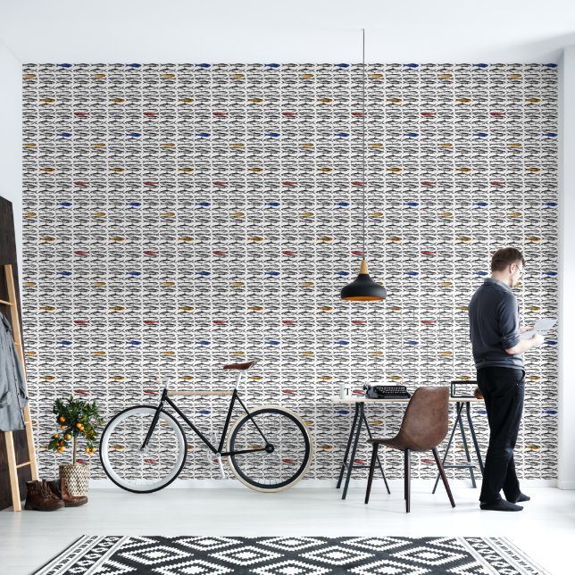 Papel Pintado Patrón de peces dibujado a mano (Sala de estar)