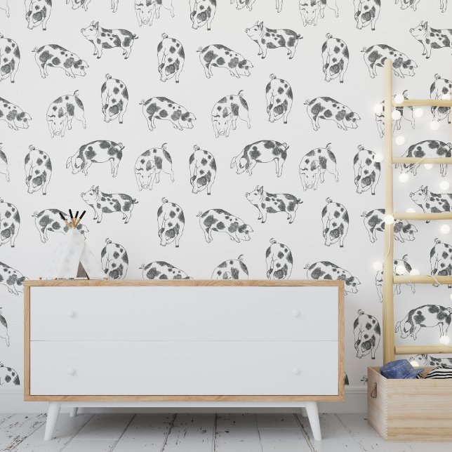 Papel Pintado Patrón de pequeños cerdos negro Dibujo blanco (Subido por el creador)