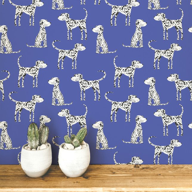 Papel Pintado Patrón de perro dálmata azul (Fun Dalmatian dog peel and stick art wallpaper for animal and pet lovers)