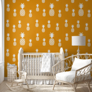 Papel Pintado Patrón de piña blanca amarillo anaranjado exótico