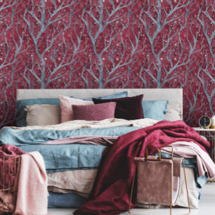 Papel Pintado Patrón de ramas de árbol gris de vino y cadete