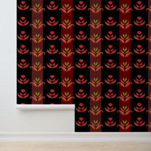 Papel Pintado Patrón de rayas florales clásicas negro, rojo y ma