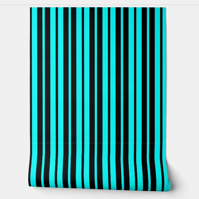 Papel Pintado Patrón de rayas verticales turquesa negro (Desenrollar)