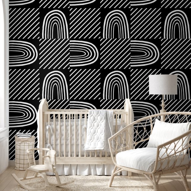 Papel Pintado Patrón de rayas y arcos blancos y negros (Niños)