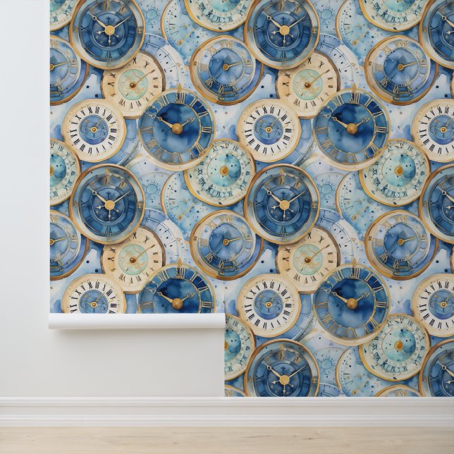 Papel Pintado Patrón de reloj azul y dorado (Solicitud)